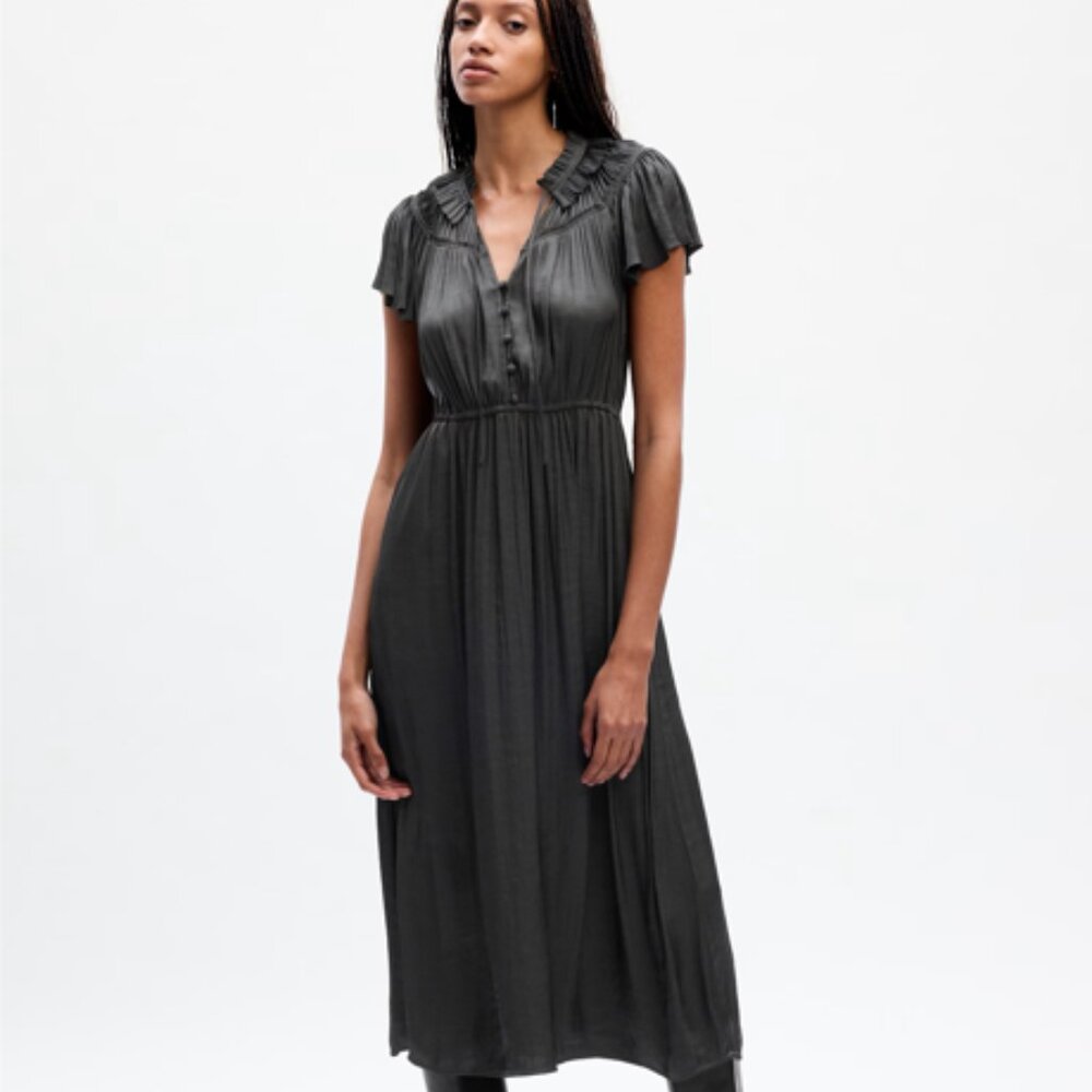 NWT Gap Women's XS Petite Ruffle-Neck Midi Dress cast iron grey